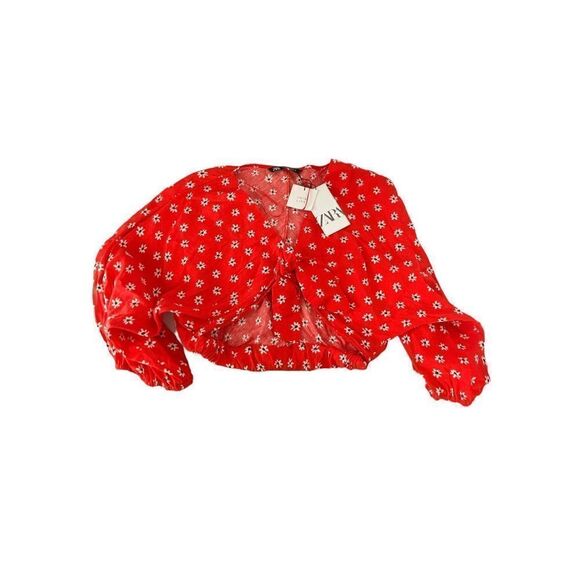 Zara red front tie floral crop blouse size medium NWT - Picture 4 of 9